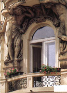 Statues fram a doorway in Josefov, Prague